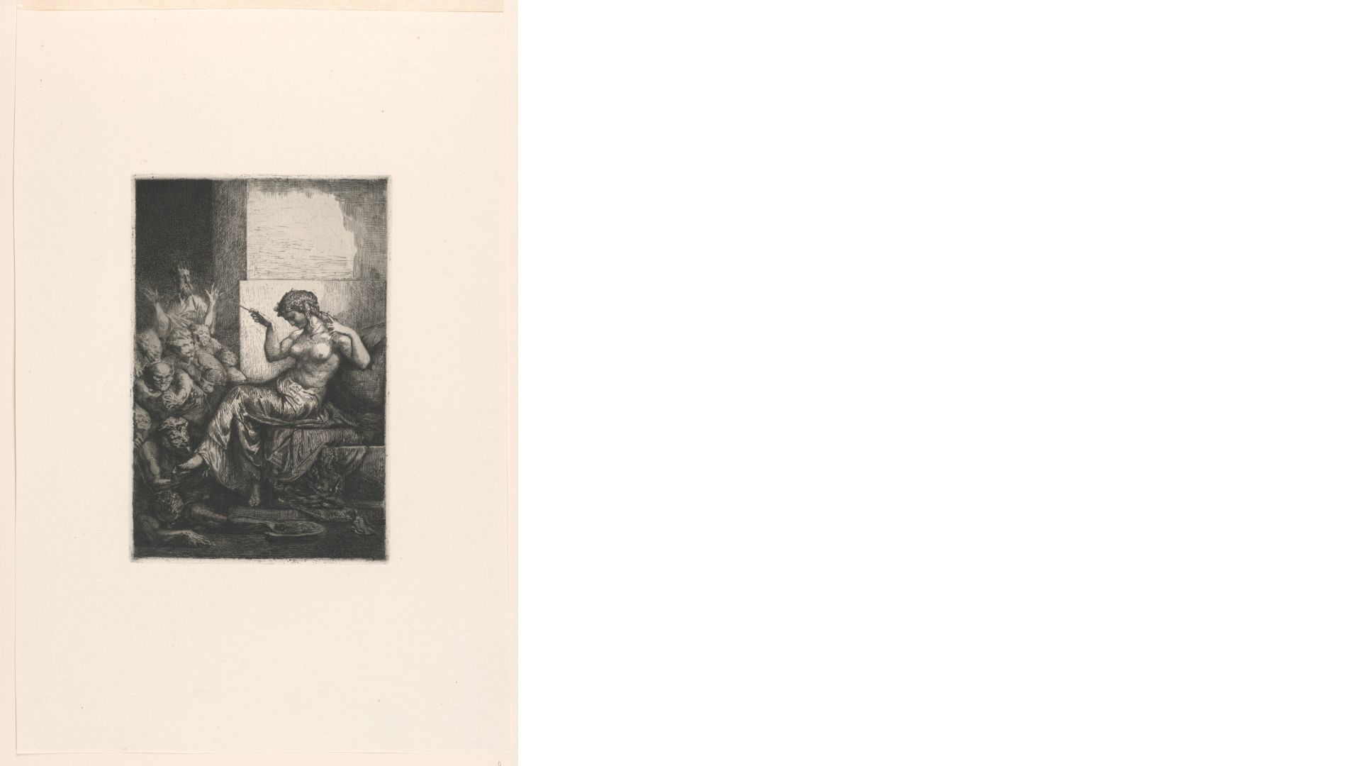 Etching in black ink on white paper of Cleopatra being attended to by servants